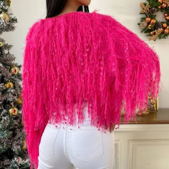 Statement maker! Barbie Fuzzy Fringe Crop knit Sweater top Pink - Picture 6 of 7